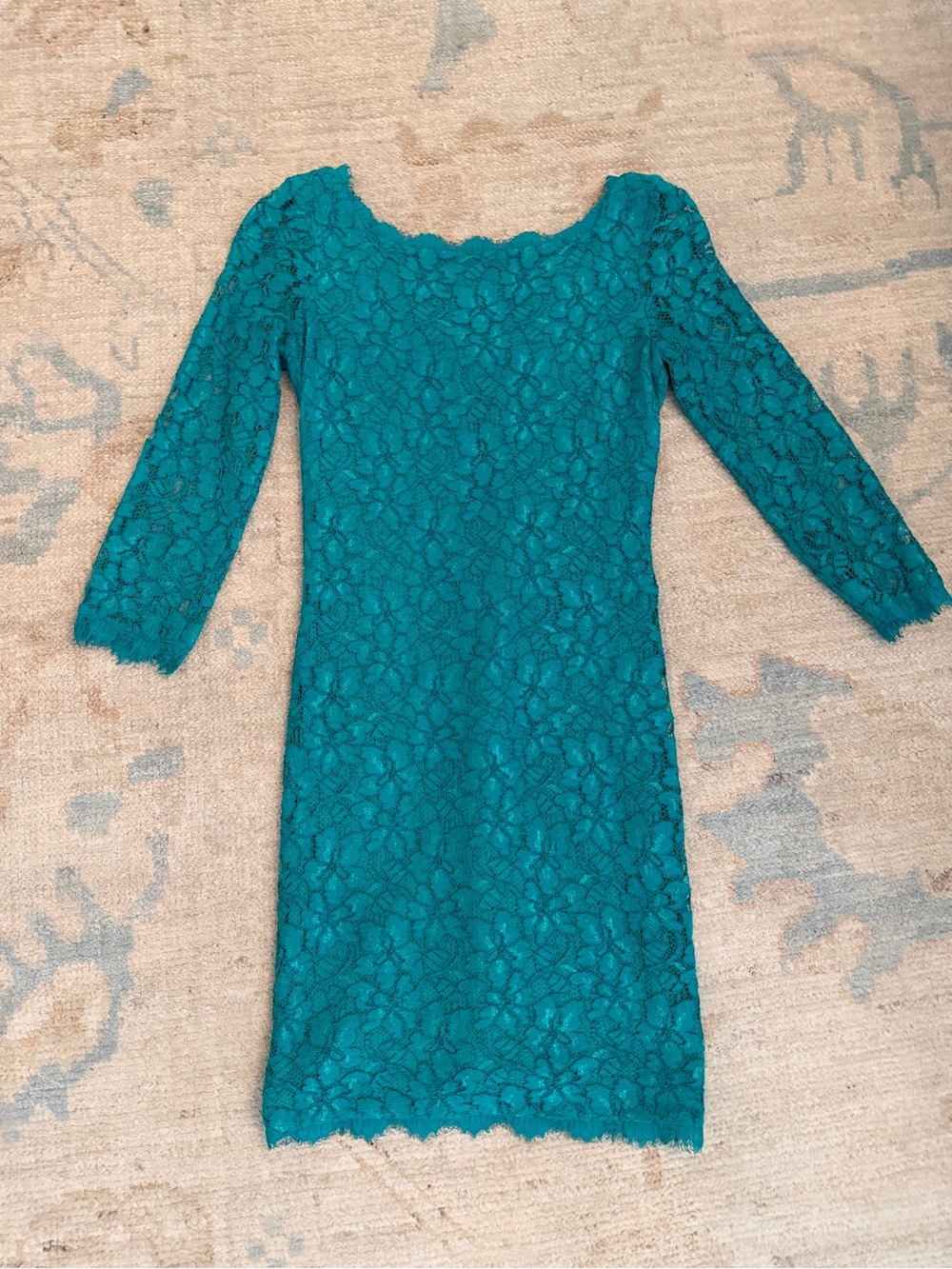 Diane Von Furstenberg Teal Lace Long-Sleeve Sheath Dress